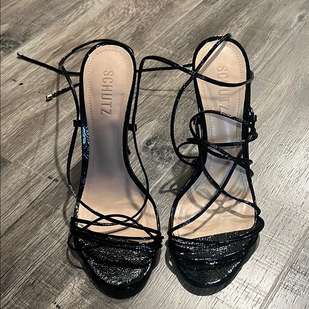 SCHUTZ Black Strappy Heels with Textured Design